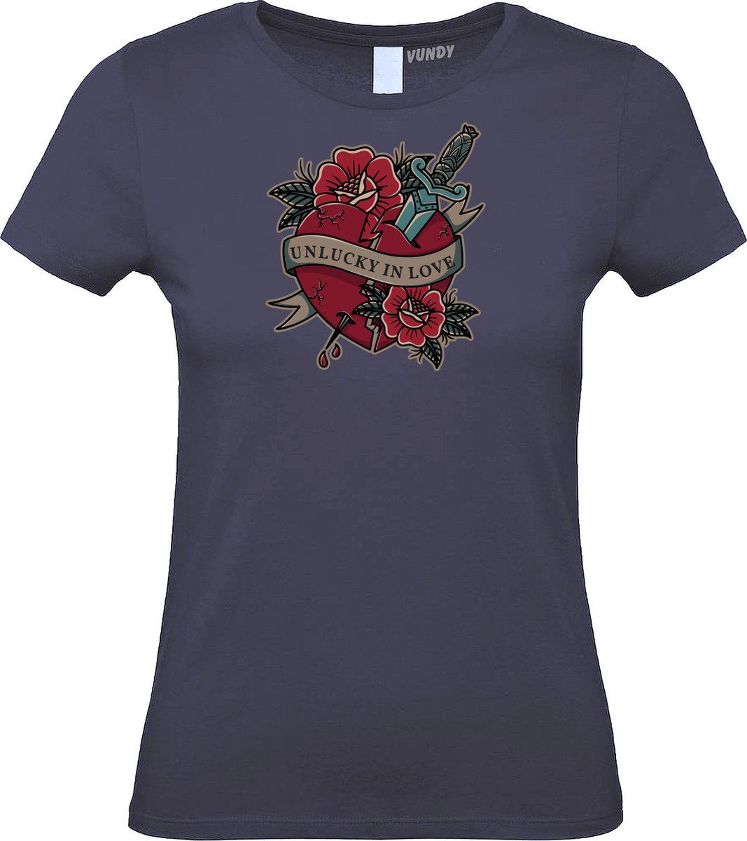 Dames T-shirt Unlucky In Love | valentijn cadeautje voor hem haar | valentijn | valentijnsdag cadeau | Navy dames | maat XXL